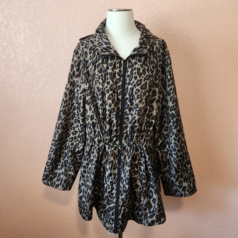 Jones New York Leopard Print Cinch Waist Rain Jacket Wind Breaker